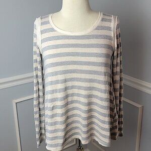 REWIND Blue Ivory‎ Striped Flowy Button Lace Inlay Boho Mixed Media Knit Top M